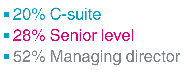 Three bulleted lines: 20% C-suite, 28% Senior level, 52% Managing director